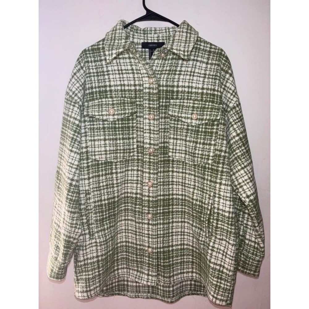 Forever 21 Olive Green Plaid Tweed Shacket Jacket with Pearl Buttons - Size M